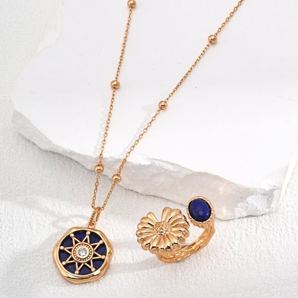 🌼 Artisan Original Daisy & Lapis Lazuli Bypass Ring | S925 Gold Adjustable - Picture 5 of 9